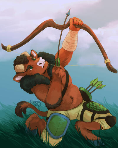 An anthro/furry musk deer with long teeth and bright red eyes. They are wearing a poncho and are against a spooky red sky.