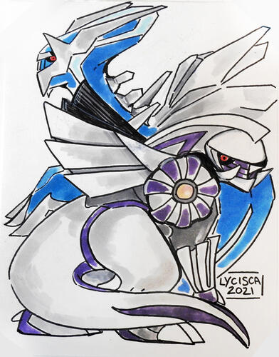 Dialga and Palkia from Pokemon Diamond and Pearl. They are drawn with marker pens